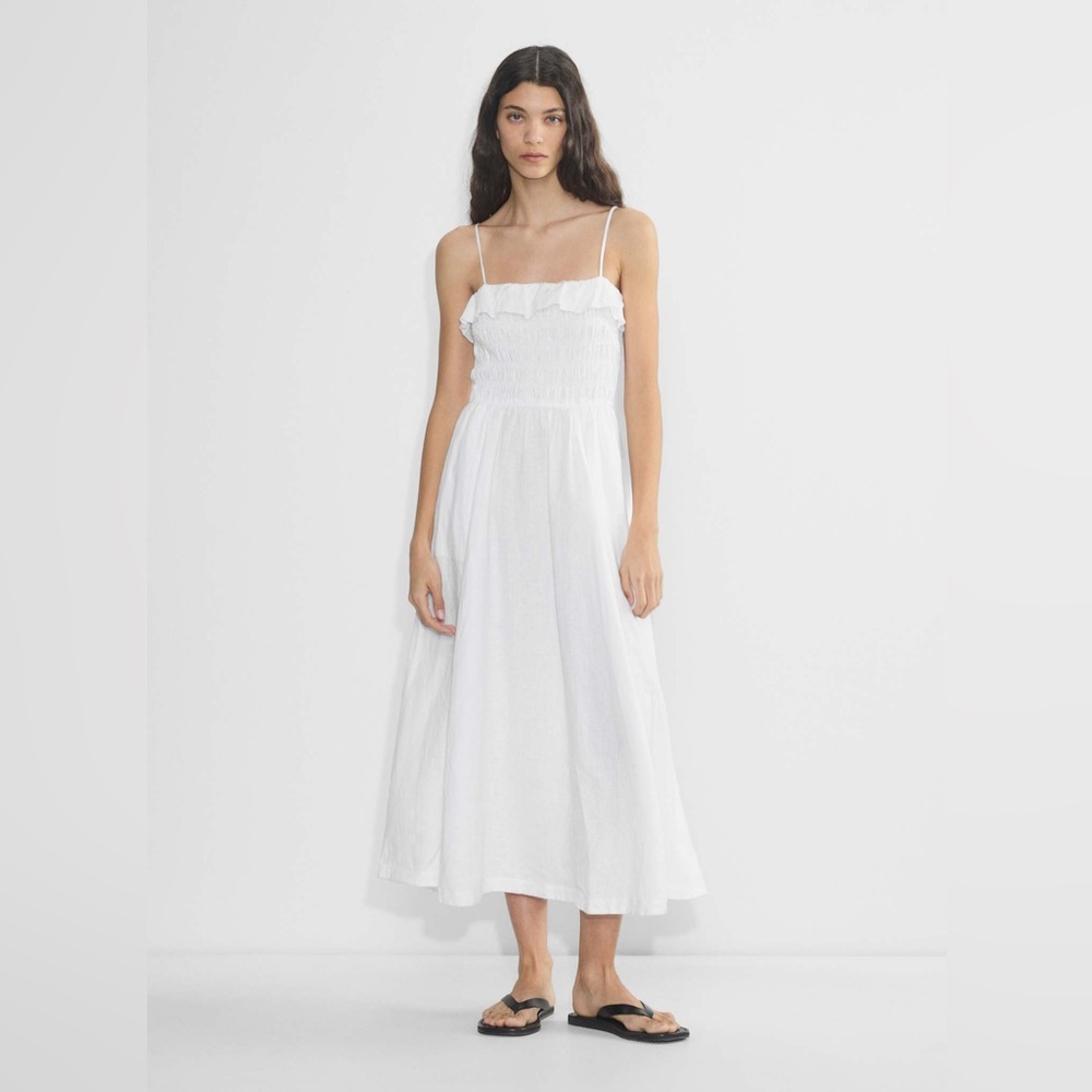Aritzia white spaghetti strap ruffle linen midi dress coastal euro summer bridal